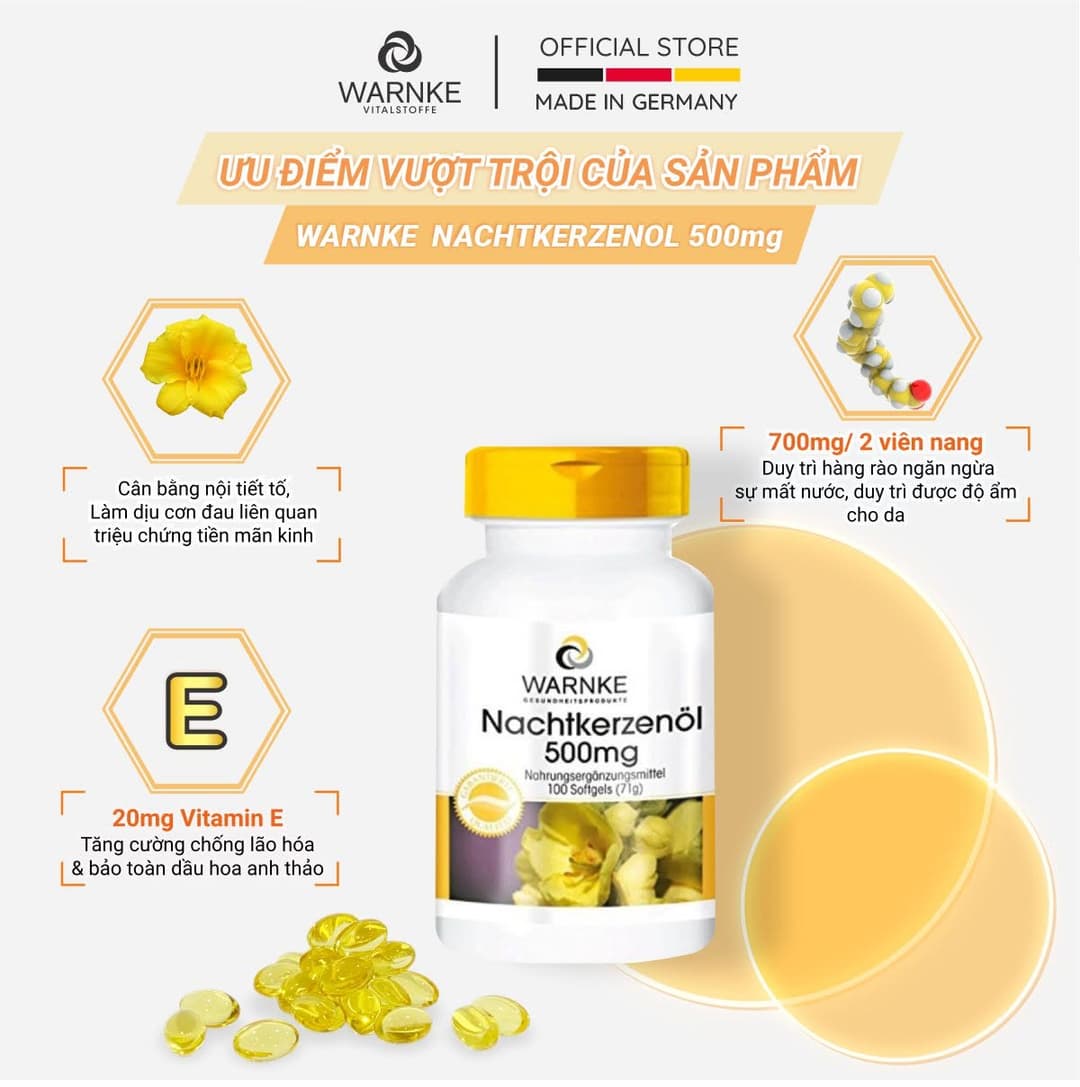 Tinh Dầu Hoa Anh Thảo Warnke Nachtkerzenöl 500mg Hỗ Trợ Cân Bằng Nội Tiết Tố Nữ, Giảm Đau Bụng Kinh Và Hỗ Trợ Làm Đẹp Da