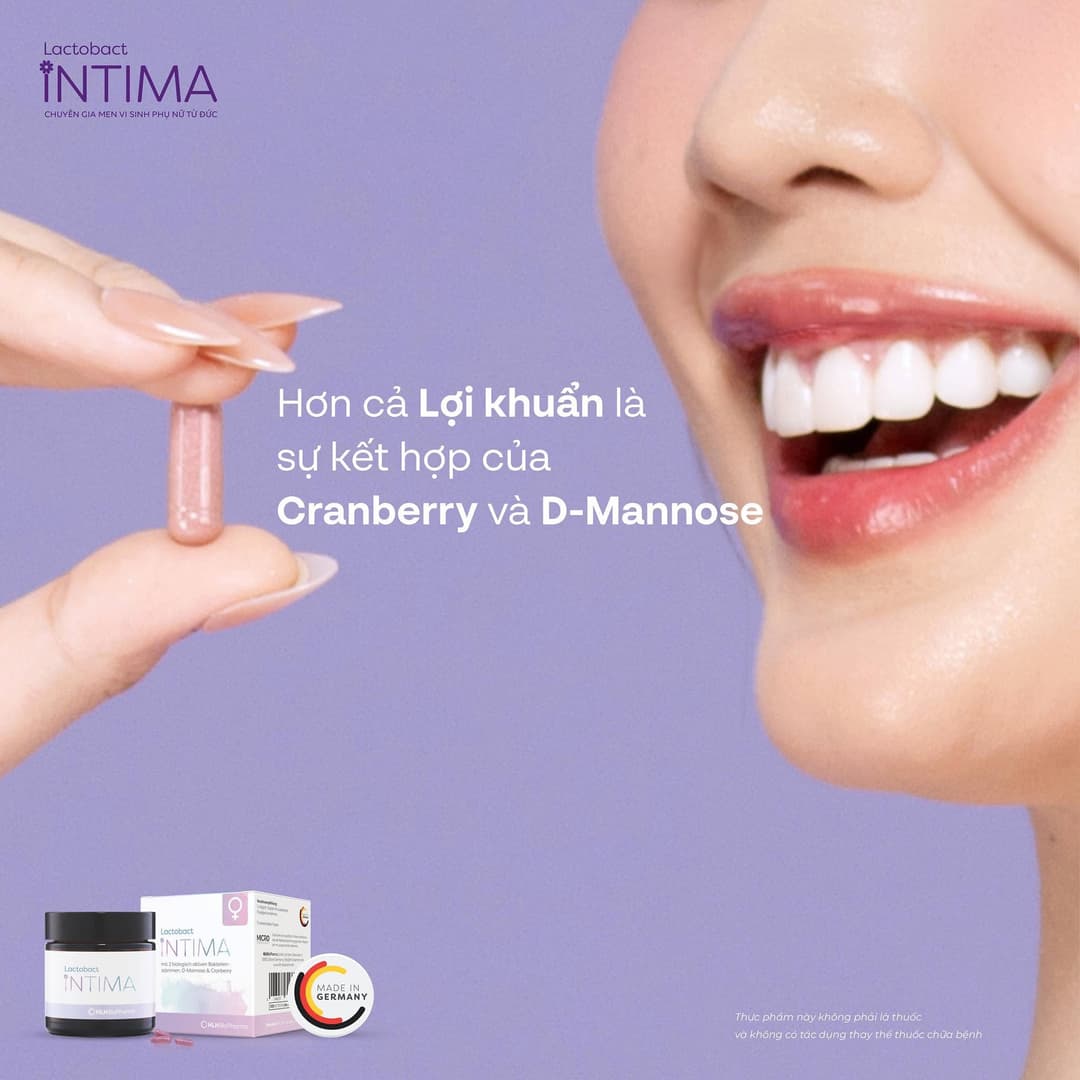 Hộp 60 Viên uống Men vi sinh phụ nữ Lactobact Intima bổ sung lợi khuẩn, Cranberry, D-Mannose từ Đức